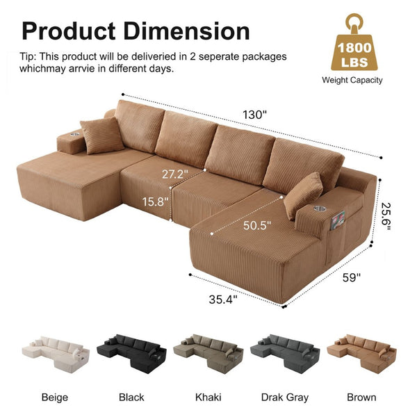 English Elm 130" U-shaped Corduroy Sectional Sofa Modular Design with Chaise for Living Room Brown W5385S00018