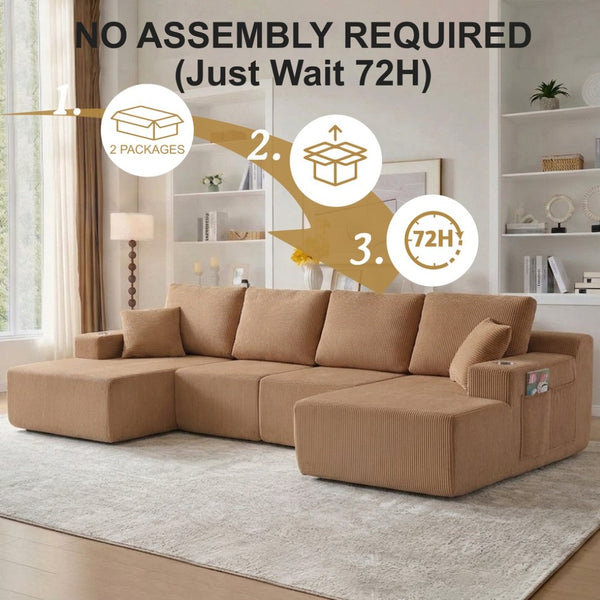 English Elm 130" U-shaped Corduroy Sectional Sofa Modular Design with Chaise for Living Room Brown W5385S00018