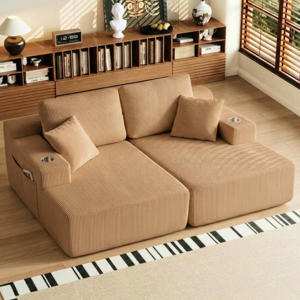 English Elm 130" U-shaped Corduroy Sectional Sofa Modular Design with Chaise for Living Room Brown W5385S00018