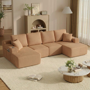 English Elm 130" U-shaped Corduroy Sectional Sofa Modular Design with Chaise for Living Room Brown W5385S00018
