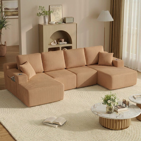 English Elm 130" U-shaped Corduroy Sectional Sofa Modular Design with Chaise for Living Room Brown W5385S00018