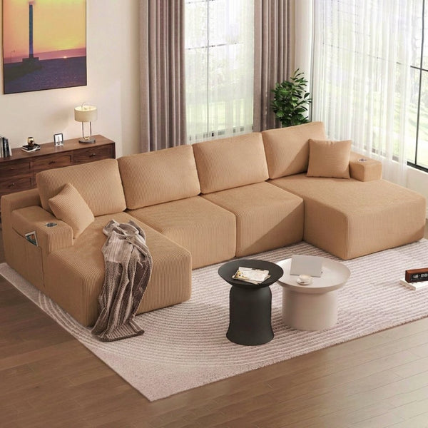English Elm 130" U-shaped Corduroy Sectional Sofa Modular Design with Chaise for Living Room Brown W5385S00018