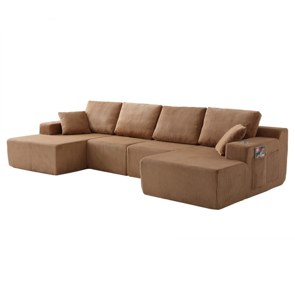 English Elm 130" U-shaped Corduroy Sectional Sofa Modular Design with Chaise for Living Room Brown W5385S00018