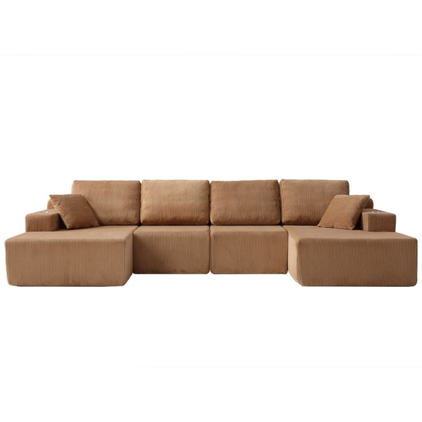 English Elm 130" U-shaped Corduroy Sectional Sofa Modular Design with Chaise for Living Room Brown W5385S00018