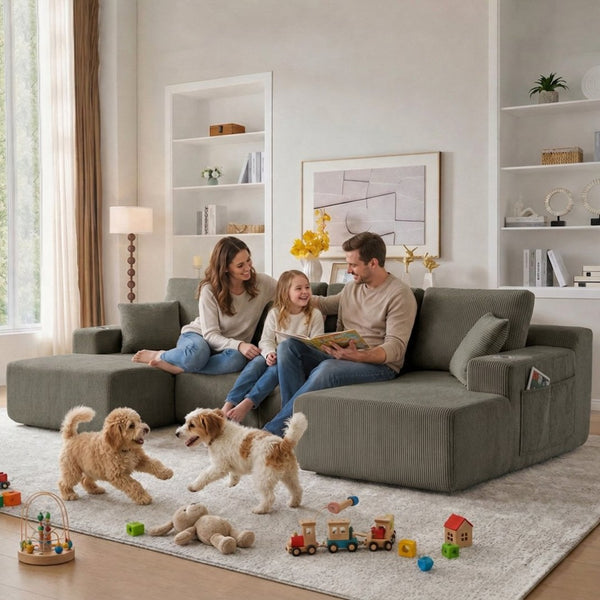English Elm 130" U-shaped Corduroy Sectional Sofa Modular Design with Chaise for Living Room Taupe W5385S00019