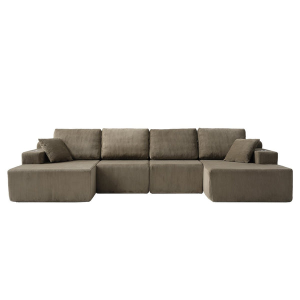 English Elm 130" U-shaped Corduroy Sectional Sofa Modular Design with Chaise for Living Room Taupe W5385S00019