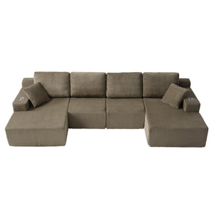 English Elm 130" U-shaped Corduroy Sectional Sofa Modular Design with Chaise for Living Room Taupe W5385S00019