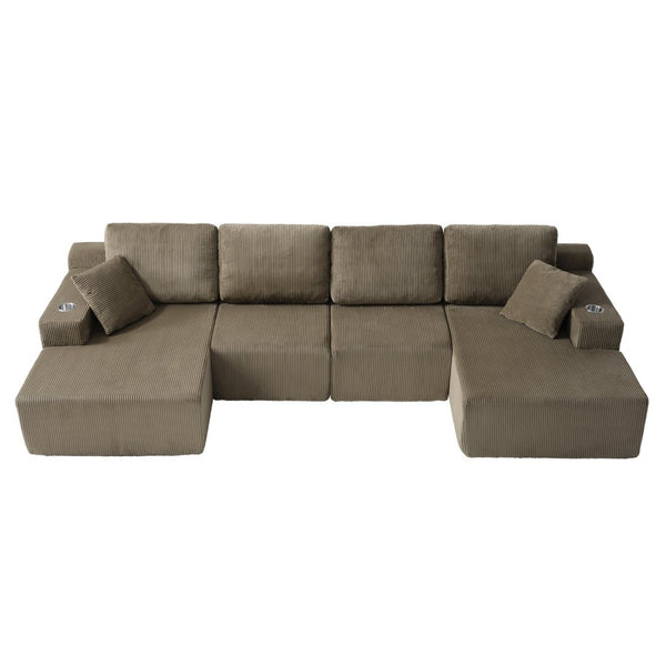 English Elm 130" U-shaped Corduroy Sectional Sofa Modular Design with Chaise for Living Room Taupe W5385S00019