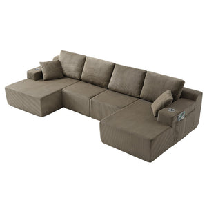 English Elm 130" U-shaped Corduroy Sectional Sofa Modular Design with Chaise for Living Room Taupe W5385S00019