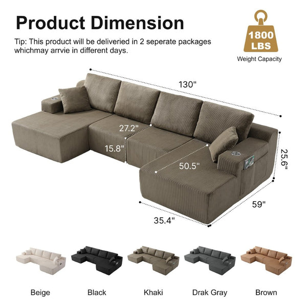 English Elm 130" U-shaped Corduroy Sectional Sofa Modular Design with Chaise for Living Room Taupe W5385S00019