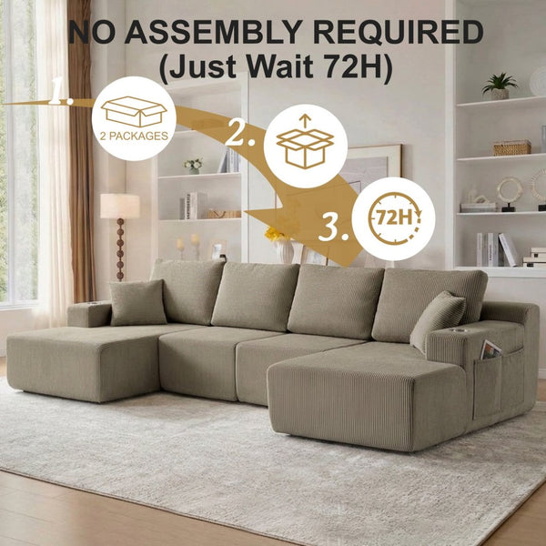 English Elm 130" U-shaped Corduroy Sectional Sofa Modular Design with Chaise for Living Room Taupe W5385S00019