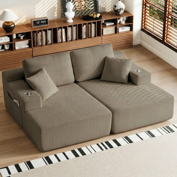 English Elm 130" U-shaped Corduroy Sectional Sofa Modular Design with Chaise for Living Room Taupe W5385S00019