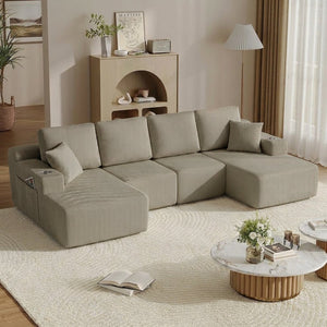 English Elm 130" U-shaped Corduroy Sectional Sofa Modular Design with Chaise for Living Room Taupe W5385S00019