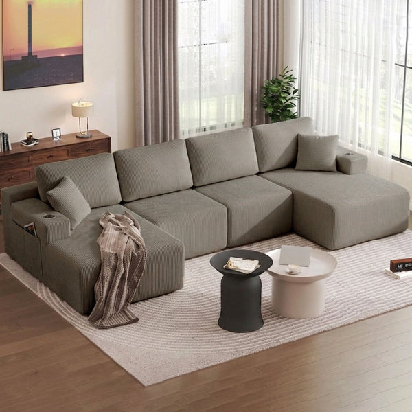 English Elm 130" U-shaped Corduroy Sectional Sofa Modular Design with Chaise for Living Room Taupe W5385S00019