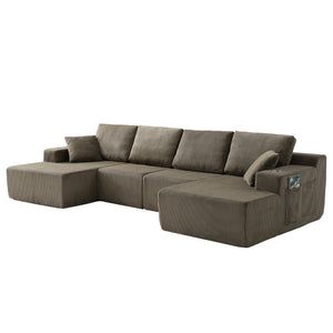 English Elm 130" U-shaped Corduroy Sectional Sofa Modular Design with Chaise for Living Room Taupe W5385S00019
