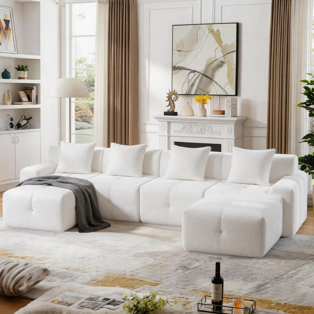 English Elm 135" U-shaped Cloud Sectional Modular Sofa with Ottoman Pineapple Lattice Fabric White W5385S00020
