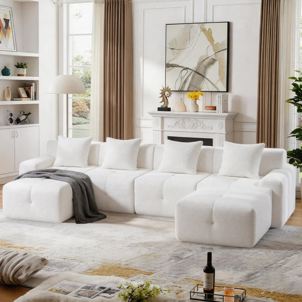 English Elm 135" U-shaped Cloud Sectional Modular Sofa with Ottoman Pineapple Lattice Fabric White W5385S00020