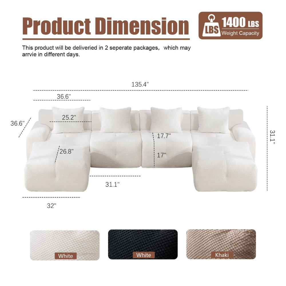 English Elm 135" U-shaped Cloud Sectional Modular Sofa with Ottoman Pineapple Lattice Fabric White W5385S00020