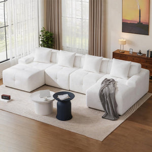 English Elm 135" U-shaped Cloud Sectional Modular Sofa with Ottoman Pineapple Lattice Fabric White W5385S00020