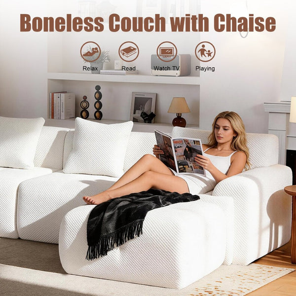 English Elm 135" U-shaped Cloud Sectional Modular Sofa with Ottoman Pineapple Lattice Fabric White W5385S00020