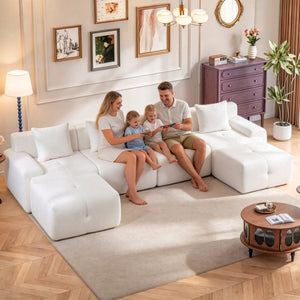 English Elm 135" U-shaped Cloud Sectional Modular Sofa with Ottoman Pineapple Lattice Fabric White W5385S00020