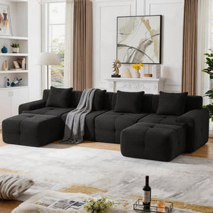 English Elm 135" U-shaped Cloud Sectional Modular Sofa with Ottoman Pineapple Lattice Fabric Black W5385S00021