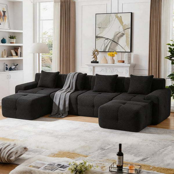 English Elm 135" U-shaped Cloud Sectional Modular Sofa with Ottoman Pineapple Lattice Fabric Black W5385S00021