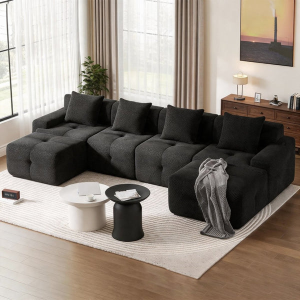 English Elm 135" U-shaped Cloud Sectional Modular Sofa with Ottoman Pineapple Lattice Fabric Black W5385S00021