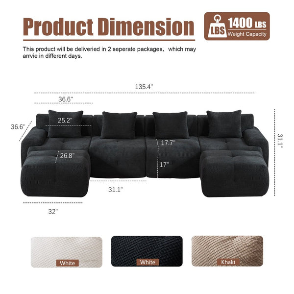 English Elm 135" U-shaped Cloud Sectional Modular Sofa with Ottoman Pineapple Lattice Fabric Black W5385S00021