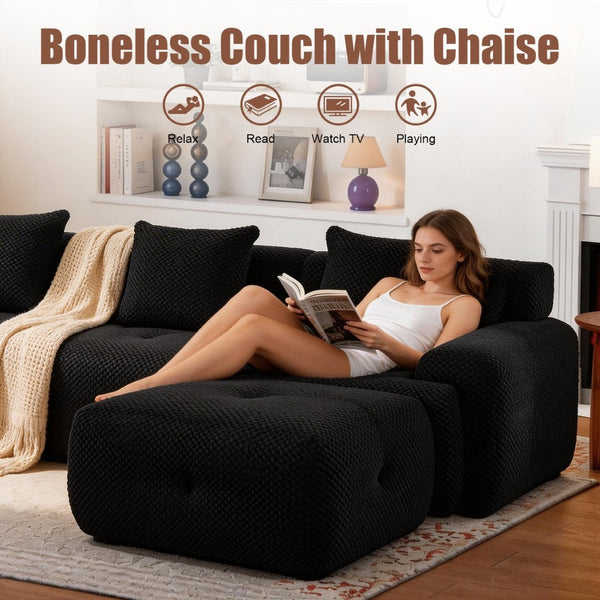 English Elm 135" U-shaped Cloud Sectional Modular Sofa with Ottoman Pineapple Lattice Fabric Black W5385S00021