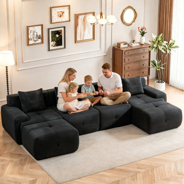 English Elm 135" U-shaped Cloud Sectional Modular Sofa with Ottoman Pineapple Lattice Fabric Black W5385S00021