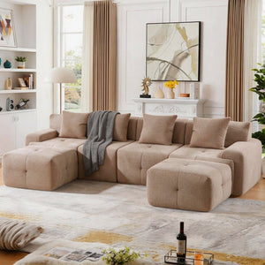 English Elm 135" U-shaped Cloud Sectional Modular Sofa with Ottoman Pineapple Lattice Fabric Taupe W5385S00022