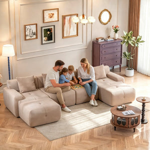 English Elm 135" U-shaped Cloud Sectional Modular Sofa with Ottoman Pineapple Lattice Fabric Taupe W5385S00022