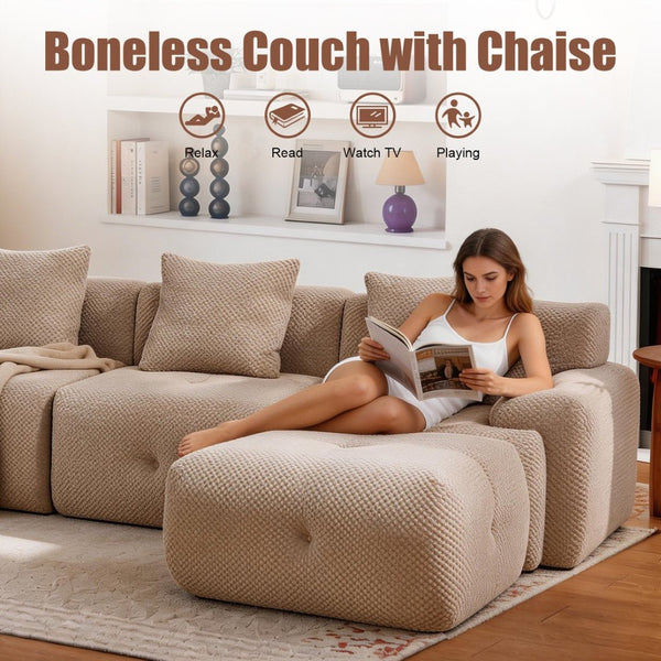 English Elm 135" U-shaped Cloud Sectional Modular Sofa with Ottoman Pineapple Lattice Fabric Taupe W5385S00022
