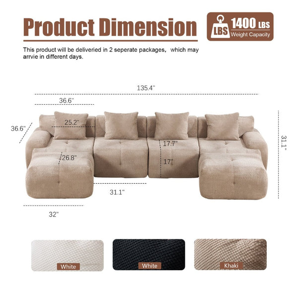 English Elm 135" U-shaped Cloud Sectional Modular Sofa with Ottoman Pineapple Lattice Fabric Taupe W5385S00022