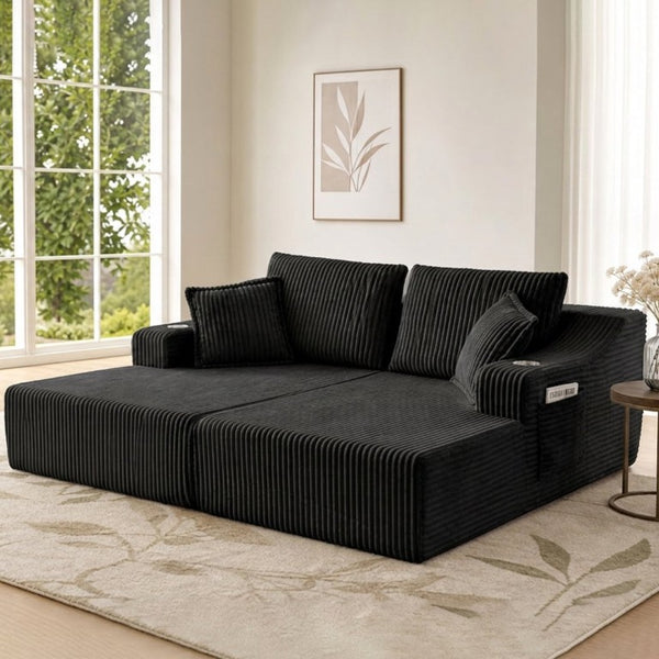 English Elm 83 Inch Frameless Double Chaise Lounge Sofa with High Density Foam Core and Four Pillows 83 inches Black Fabric W5385S00031