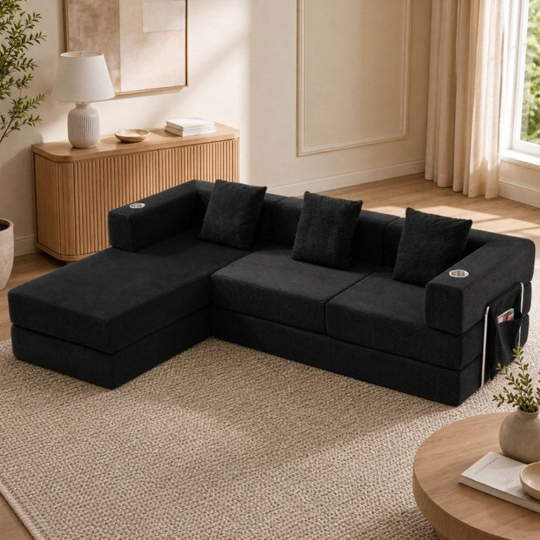 English Elm 108 Inch Modular Sectional Corduroy Cloud Couch with Deep Sink Chaise Lounge Black W5385S00032