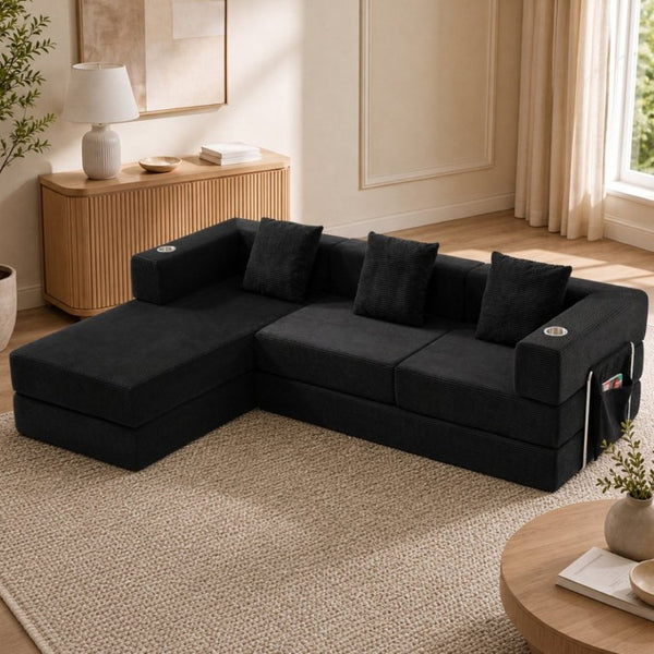 English Elm 108 Inch Modular Sectional Corduroy Cloud Couch with Deep Sink Chaise Lounge Black W5385S00032