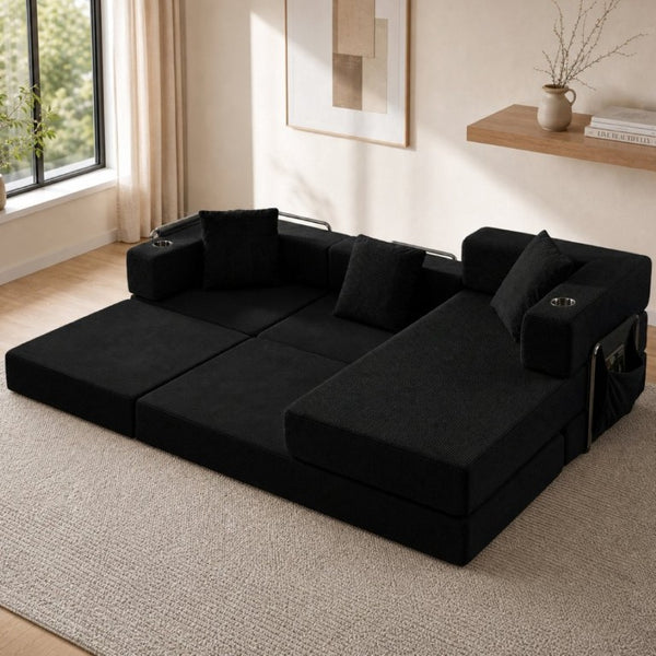 English Elm 108 Inch Modular Sectional Corduroy Cloud Couch with Deep Sink Chaise Lounge Black W5385S00032