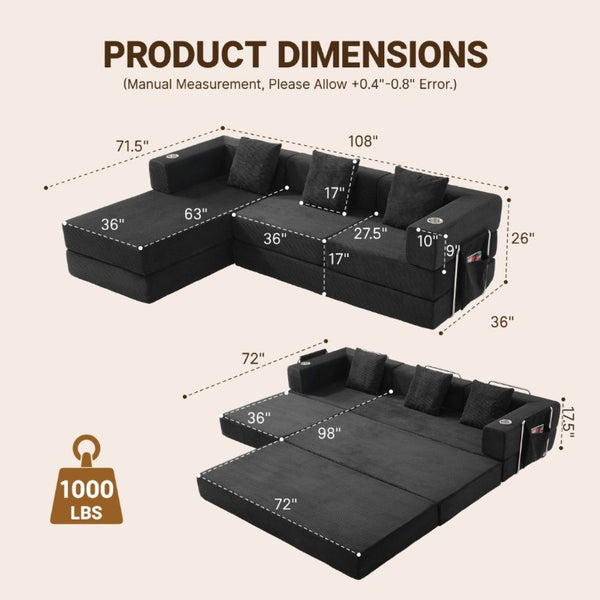 English Elm 108 Inch Modular Sectional Corduroy Cloud Couch with Deep Sink Chaise Lounge Black W5385S00032