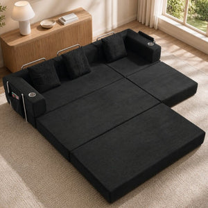 English Elm 108 Inch Modular Sectional Corduroy Cloud Couch with Deep Sink Chaise Lounge Black W5385S00032