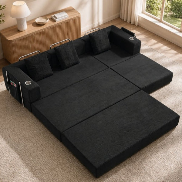 English Elm 108 Inch Modular Sectional Corduroy Cloud Couch with Deep Sink Chaise Lounge Black W5385S00032