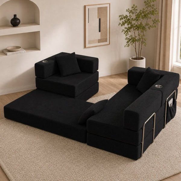 English Elm 108 Inch Modular Sectional Corduroy Cloud Couch with Deep Sink Chaise Lounge Black W5385S00032