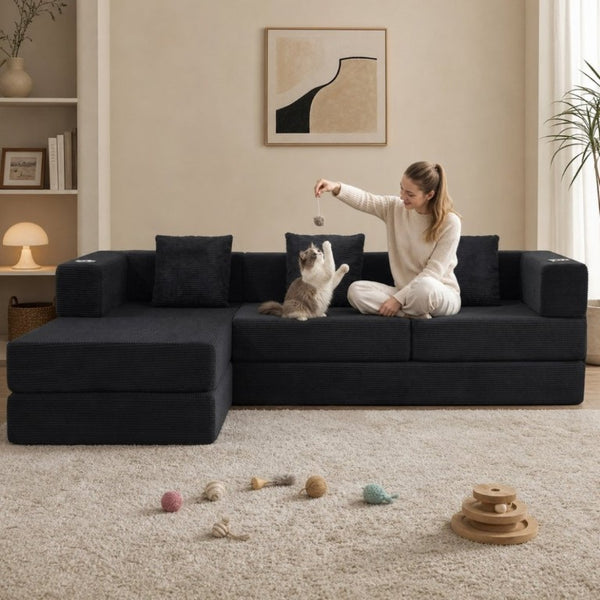 English Elm 108 Inch Modular Sectional Corduroy Cloud Couch with Deep Sink Chaise Lounge Black W5385S00032