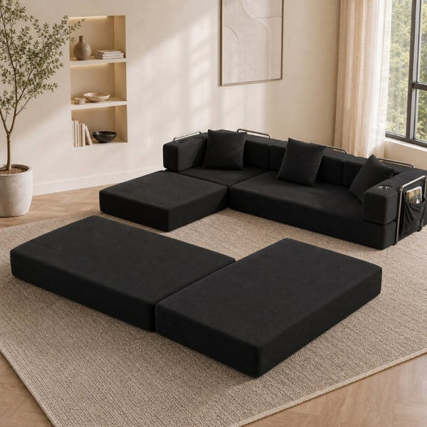 English Elm 108 Inch Modular Sectional Corduroy Cloud Couch with Deep Sink Chaise Lounge Black W5385S00032