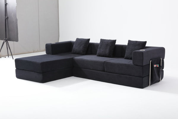 English Elm 108 Inch Modular Sectional Corduroy Cloud Couch with Deep Sink Chaise Lounge Black W5385S00032