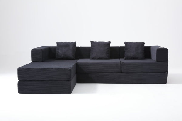 English Elm 108 Inch Modular Sectional Corduroy Cloud Couch with Deep Sink Chaise Lounge Black W5385S00032