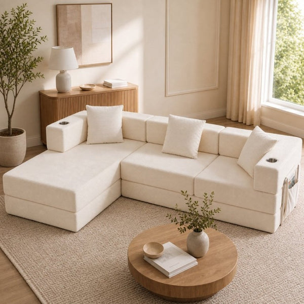 English Elm 108 Inch Modular Sectional Corduroy Cloud Couch with Deep Sink Chaise Lounge White W5385S00033