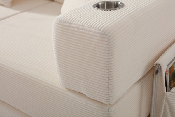 English Elm 108 Inch Modular Sectional Corduroy Cloud Couch with Deep Sink Chaise Lounge White W5385S00033