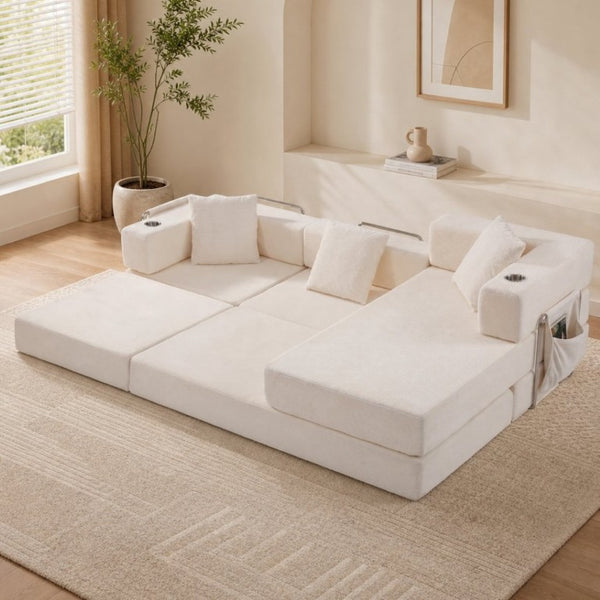 English Elm 108 Inch Modular Sectional Corduroy Cloud Couch with Deep Sink Chaise Lounge White W5385S00033